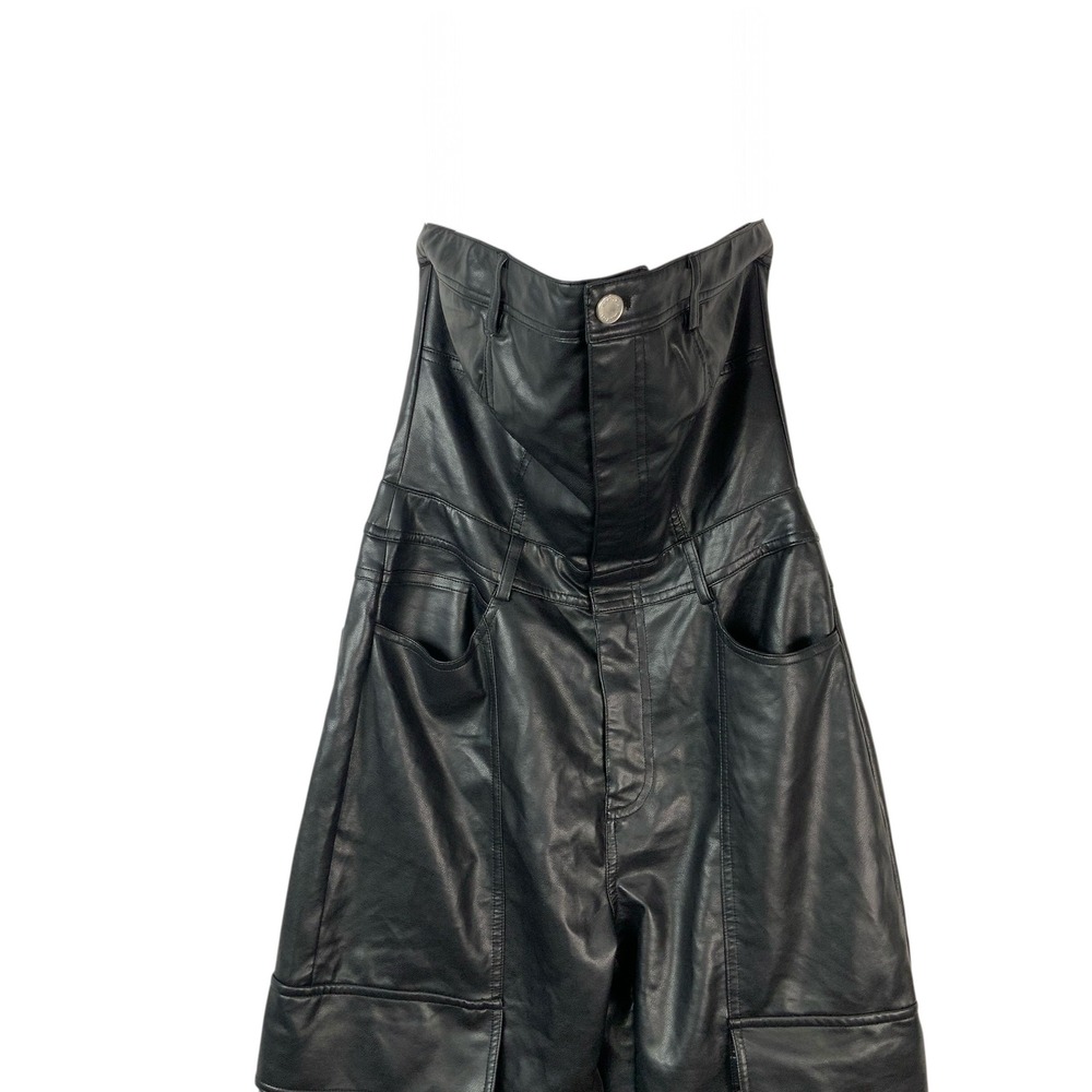 Nasty Gal Black Faux Leather Cargo Jumpsuit 6 Button Strapless Sleeveless Pocket - Picture 2 of 9